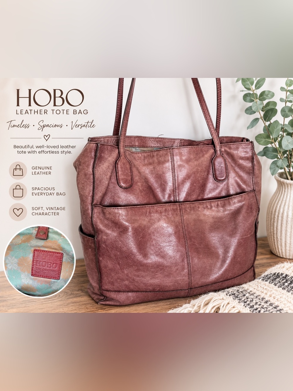 HOBO Large Genuine Leather Tote Bag | Mauve Brown | Floral Lining